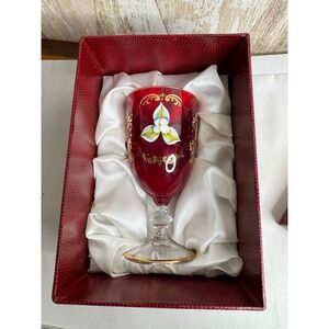 Murano Art Glass Red Goblet Gold Gilt Enamel Flower Dogi Italy Signed w/ Box